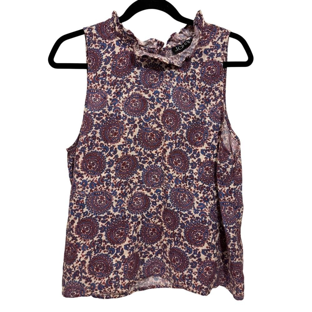 J.Crew Top Women Large Blue Paisley Sleeveless Linen Ruffle Neck Button Back